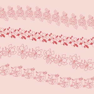 Puede incluir: Cuatro filas de dise&ntilde;os florales rosas sobre un fondo rosa claro. Los dise&ntilde;os florales est&aacute;n delineados en un color rosa m&aacute;s oscuro.
