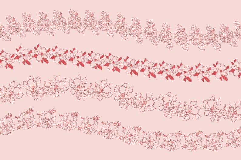 Puede incluir: Cuatro filas de dise&ntilde;os florales rosas sobre un fondo rosa claro. Los dise&ntilde;os florales est&aacute;n delineados en un color rosa m&aacute;s oscuro.