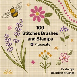 Op de afbeelding: Een illustratie met verschillende geborduurde bloemmotieven, een bij en decoratieve elementen. De tekst luidt "100 Stitches Brushes and Stamps" met "Procreate" branding. Bevat 15 stempels en 85 steekpenselen.