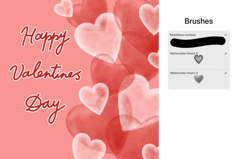 Puede incluir: Tarjeta de felicitaci&oacute;n de Feliz D&iacute;a de San Valent&iacute;n con un fondo rosa y un dise&ntilde;o de corazones superpuestos en acuarela en tonos rosa y rojo.