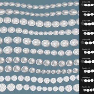 Op de afbeelding: Een verzameling witte parelsnoeren gerangschikt in horizontale rijen tegen een blauwe achtergrond, met een zwarte zijbalk aan de rechterkant met tekstlabels waaronder Uniform 16, Flexible 16, Uniform 17, Flexible 17, Uniform 18, Flexible 18, Uniform 19, Flexible 19, Uniform 20 en Flexible 20.
