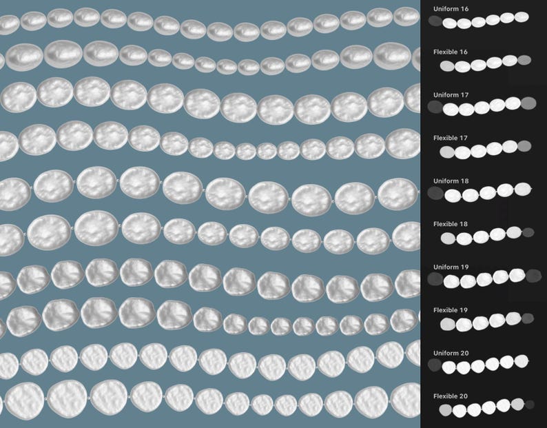 Op de afbeelding: Een verzameling witte parelsnoeren gerangschikt in horizontale rijen tegen een blauwe achtergrond, met een zwarte zijbalk aan de rechterkant met tekstlabels waaronder Uniform 16, Flexible 16, Uniform 17, Flexible 17, Uniform 18, Flexible 18, Uniform 19, Flexible 19, Uniform 20 en Flexible 20.