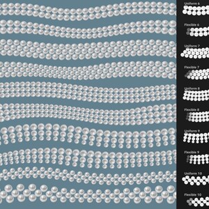 Op de afbeelding: Een verzameling witte parelsnoeren gerangschikt in golvende patronen op een blauwe achtergrond, met een zwarte zijbalk met labels zoals Uniform 6, Flexible 6, Uniform 7, Flexible 7, Uniform 8, Flexible 8, Uniform 9, Flexible 9, Uniform 10 en Flexible 10.