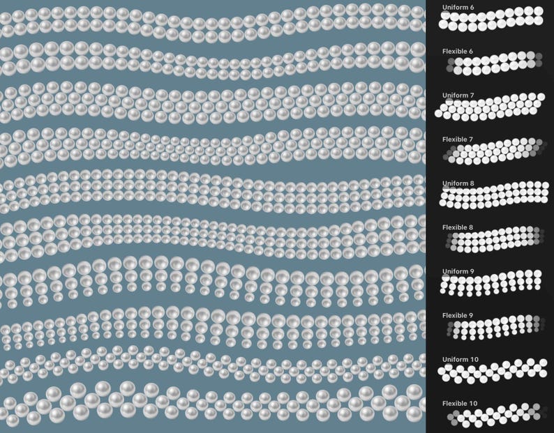 Op de afbeelding: Een verzameling witte parelsnoeren gerangschikt in golvende patronen op een blauwe achtergrond, met een zwarte zijbalk met labels zoals Uniform 6, Flexible 6, Uniform 7, Flexible 7, Uniform 8, Flexible 8, Uniform 9, Flexible 9, Uniform 10 en Flexible 10.