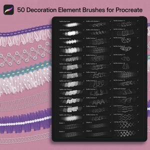 Può includere: Illustrazione di arte digitale che mostra un tablet che mostra 50 pennelli per elementi di decorazione per Procreate. I pennelli includono vari disegni di balze e pizzi, con il testo "50 Decoration Element Brushes for Procreate" in alto.