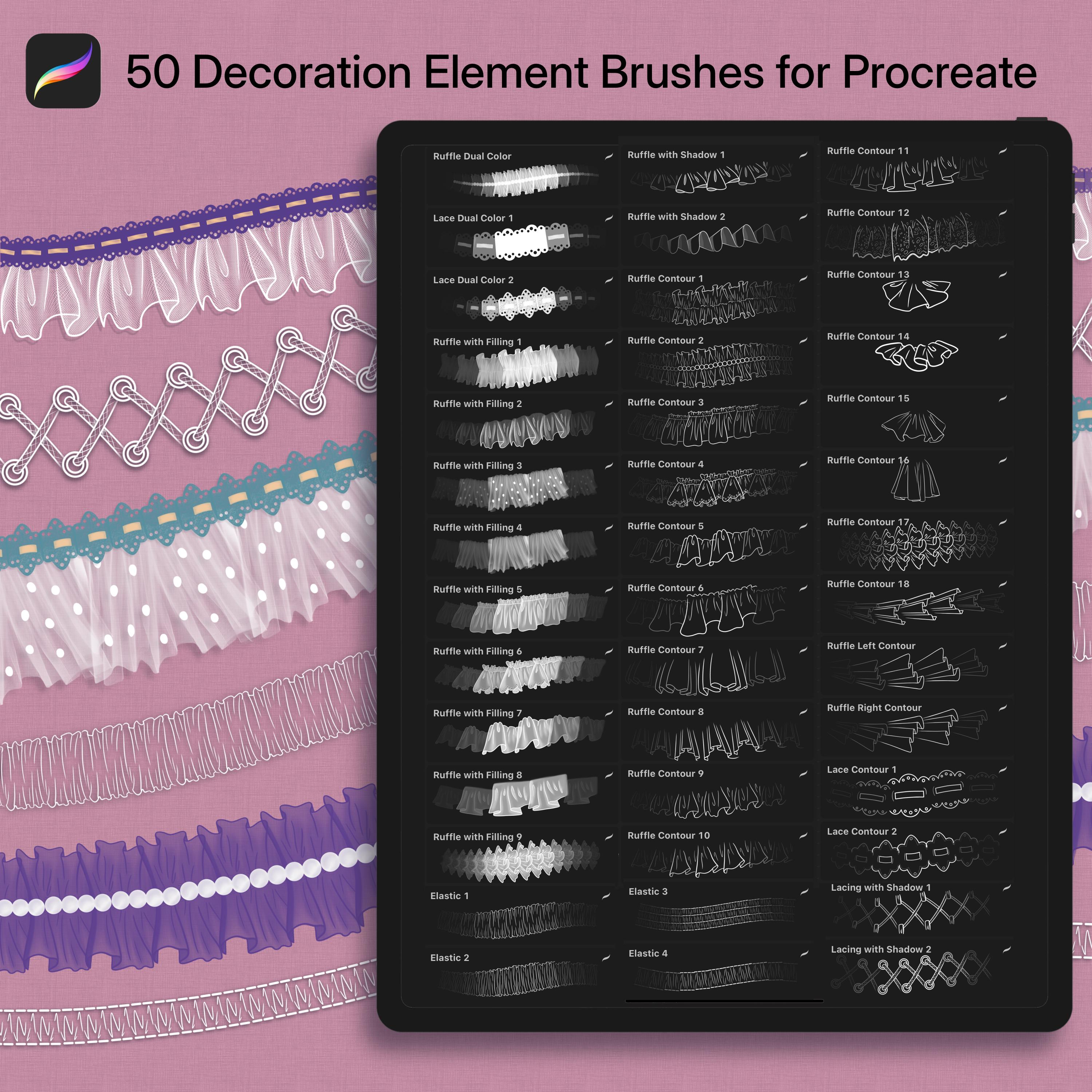 Procreate Fashion Decoration Brushes: Ruffles, Lace, Elastics & Lacing Set