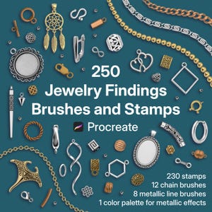 May include: A digital collection of 250 jewelry findings, brushes, and stamps for Procreate, featuring various metallic chain links, pendants, clasps, and decorative beads arranged on a dark teal background with descriptive text.