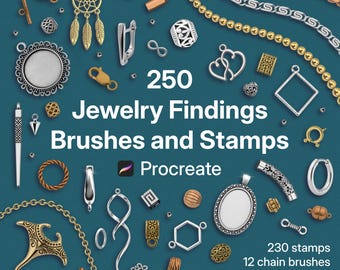 Pinceles y sellos para fornituras de joyería para Procreate: cadenas, cuentas, cierres, colgantes. Paleta de colores metálicos.