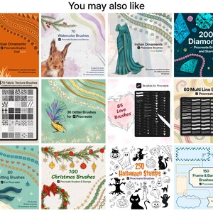 May include: A digital collection of twelve distinct Procreate brush and stamp sets, featuring various themes including African and Indian ornaments, diamonds, fabric textures, glitter, love, multi-line, knitting, Christmas, and Halloween designs.