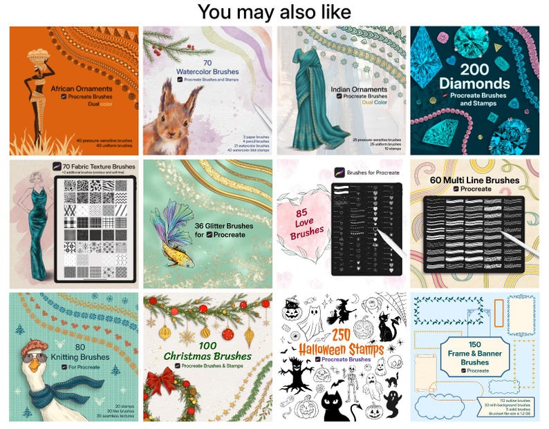May include: A digital collection of twelve distinct Procreate brush and stamp sets, featuring various themes including African and Indian ornaments, diamonds, fabric textures, glitter, love, multi-line, knitting, Christmas, and Halloween designs.