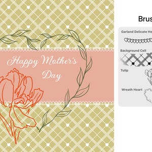 Puede incluir: Un fondo rosa y blanco con una corona de hojas en forma de coraz&oacute;n y un tulip&aacute;n rojo. El texto "Happy Mother's Day" est&aacute; escrito en blanco. La imagen incluye un conjunto de pinceles para crear dise&ntilde;os similares.