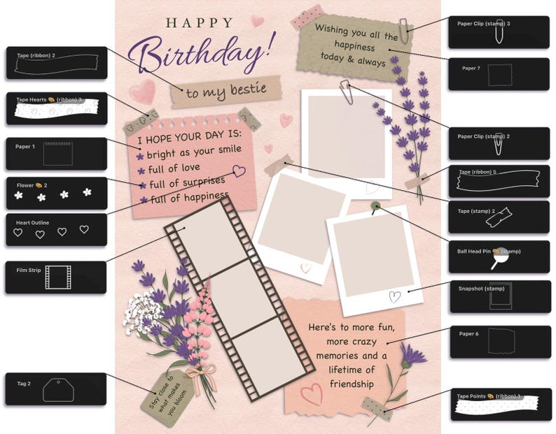 May include: A digital scrapbook template featuring a Happy Birthday to my bestie greeting, blank photo frames, film strips, lavender illustrations, and text notes. The design includes paper scraps, tape strips, paper clips, and heart outlines on a light pink background.