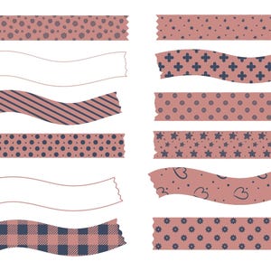 May include: A collection of twelve strips of decorative tape arranged in two columns. The strips feature various patterns including dark blue flowers, stars, crosses, diagonal stripes, polka dots, hearts, and plaid on a dusty rose background.