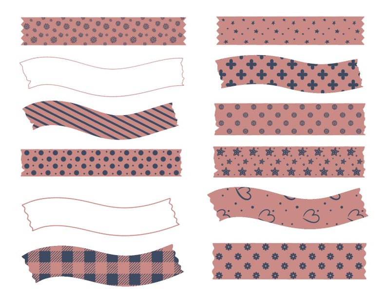 May include: A collection of twelve strips of decorative tape arranged in two columns. The strips feature various patterns including dark blue flowers, stars, crosses, diagonal stripes, polka dots, hearts, and plaid on a dusty rose background.
