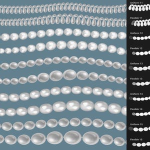 Op de afbeelding: Een digitale illustratie met meerdere horizontale rijen witte parelsnoeren tegen een blauwe achtergrond, met een zwarte zijbalk aan de rechterkant met labels zoals Uniform 11, Flexible 11, Uniform 12, Flexible 12, Uniform 13, Flexible 13, Uniform 14, Flexible 14, Uniform 15 en Flexible 15.