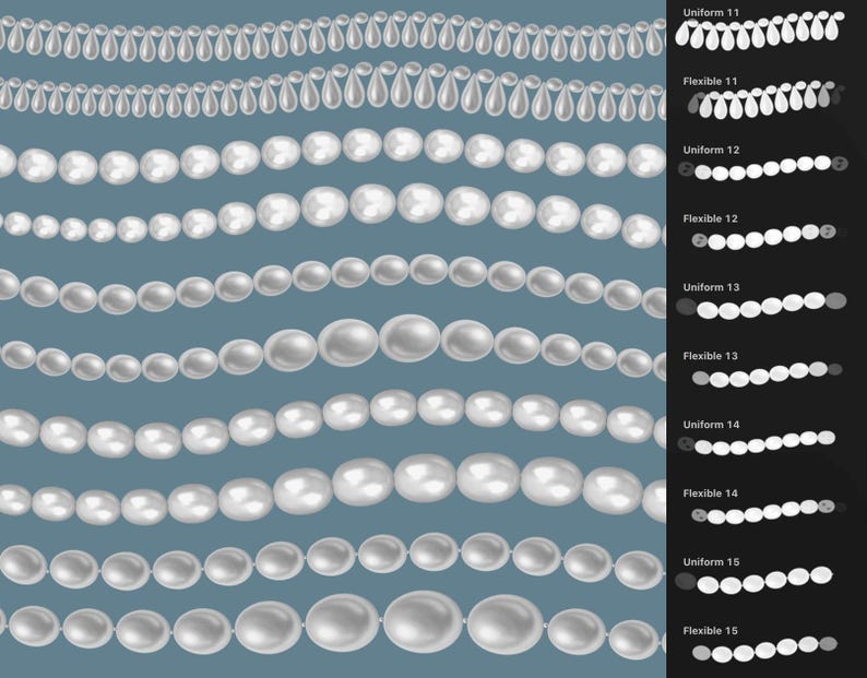 Op de afbeelding: Een digitale illustratie met meerdere horizontale rijen witte parelsnoeren tegen een blauwe achtergrond, met een zwarte zijbalk aan de rechterkant met labels zoals Uniform 11, Flexible 11, Uniform 12, Flexible 12, Uniform 13, Flexible 13, Uniform 14, Flexible 14, Uniform 15 en Flexible 15.