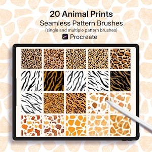 May include: A digital tablet displays 20 animal print patterns, including leopard, zebra, and giraffe designs. The text at the top reads "20 Animal Prints Seamless Pattern Brushes" with the Procreate logo. A white stylus rests on the screen.