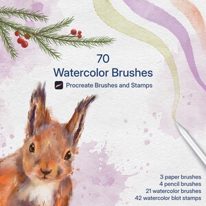 Puede incluir: Imagen de suministros de arte digital con una ilustración de acuarela de una ardilla. La imagen incluye el texto "70 Watercolor Brushes" y "Procreate Brushes and Stamps". También enumera 3 pinceles de papel, 4 pinceles de lápiz, 21 pinceles de acuarela y 42 sellos de manchas de acuarela.