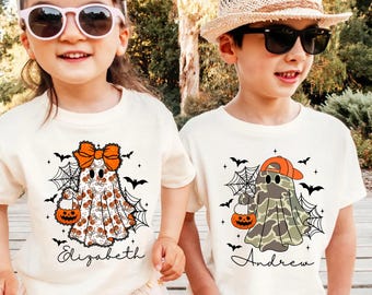 Personalized Halloween Ghost Shirt, Ghost Halloween With Kid Names Tee, Spooky Season Shirt, Cute Ghost Toddler and Youth Tee, Coquette Bow