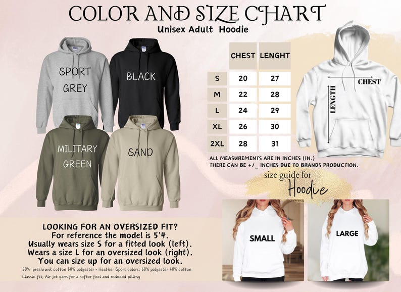 a women's hoodie is shown with measurements for the hoodie