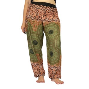 Boho Harem Pants: Green & Brown Elephant Print Rayon Trousers