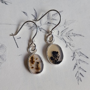 May include: A pair of silver-toned dangle earrings. Each earring features an oval-shaped, clear stone with a unique, natural, fern-like pattern in shades of brown and black. The earrings hang from curved ear wires.