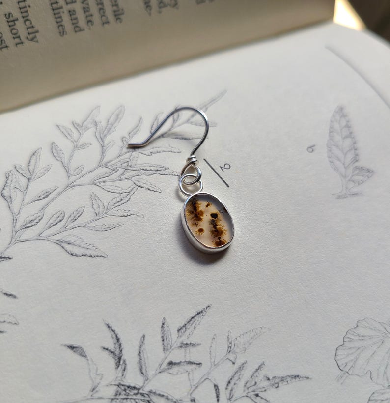 May include: A single silver earring with an oval-shaped, light-colored stone featuring brown inclusions. The earring is set against a backdrop of an open book with botanical illustrations.