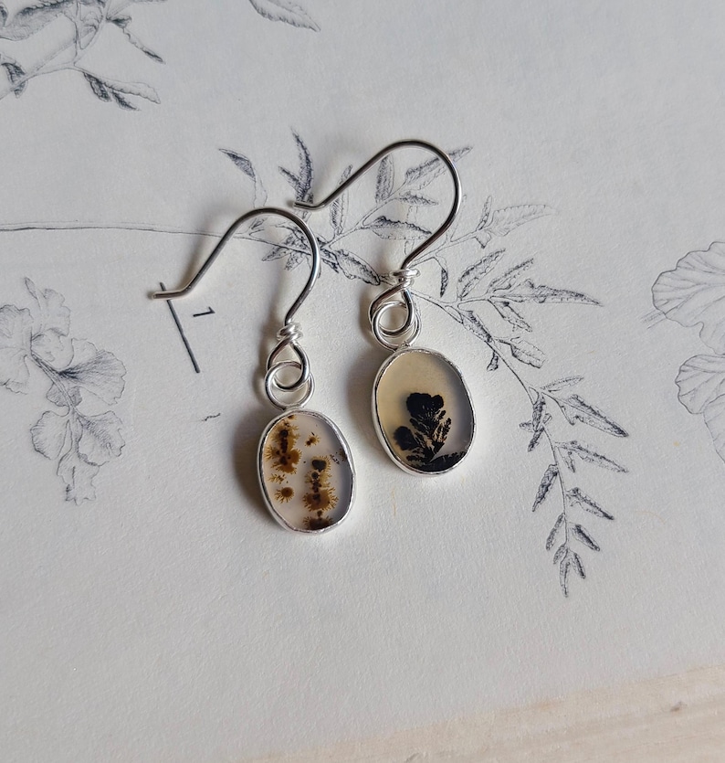 May include: A pair of silver-toned dangle earrings. Each earring features an oval-shaped, clear stone with a unique, natural, fern-like pattern in shades of brown and black. The earrings hang from curved ear wires.