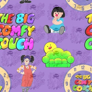 Op de afbeelding: Een paarse achtergrond met een herhalend patroon van een groene bank, een geel kuiken, een meisje met rood haar en de woorden "The Big Comfy Couch".