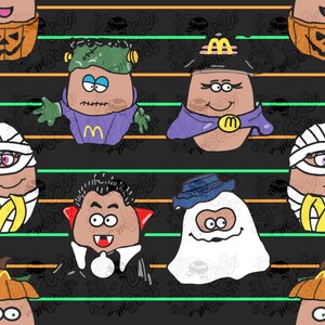 Op de afbeelding: Een naadloos patroon met cartoon-aardappelen die verkleed zijn in verschillende Halloween-kostuums. De aardappelen dragen kostuums zoals een mummie, een vampier, een spook, een Frankenstein en een heks. De achtergrond is een zwart-oranje gestreept patroon.