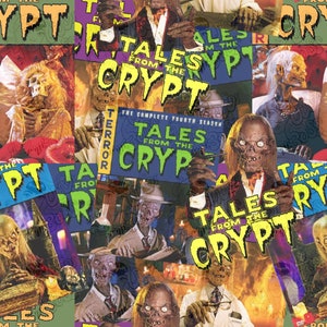 May include: A collage of images featuring the horror anthology series "Tales from the Crypt". The images include various characters from the show, including the Crypt Keeper, and the show's title card.