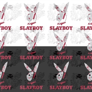 May include: A seamless pattern featuring a black and white illustration of a woman's face with a bloody bunny mask and two bloody knives. The text "SLAYBOY" is written in red letters on a white background. The pattern is repeated throughout the image.