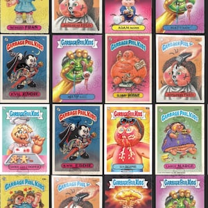 May include: A collection of Garbage Pail Kids trading cards featuring various characters with humorous and grotesque designs. The cards are in a grid format, with each card showcasing a different character. The characters include Schizo Fran, Bone-head Fred, Adam Bomb, Matt Bale, Evil Eddie, Sloppy Robbie, Cookie Cut Cooper, Sun Bernie, and Large Marge.