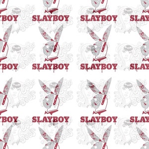 May include: A white background with a repeating pattern of a red and white Playboy bunny logo with a bloody knife and the text "SLAYBOY". The bunny is wearing a white mask with a bloody knife.
