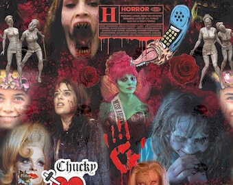 May include: A collage of horror movie characters and imagery, including a woman with a bloody mouth, a green-skinned woman with a crown, a red handprint, and a phone with a red dial. The text "HORROR" is visible in the image, along with the text "Chucky".