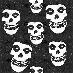 May include: Black and white repeating pattern of a grinning skull with a black background. The skull has a simple design with two eye sockets, a nose, and a wide, toothy grin.