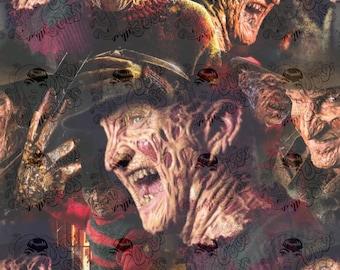 May include: A digital illustration featuring a repeating pattern of Freddy Krueger's face from the horror movie 'A Nightmare on Elm Street'. The background is a dark red and black color with a repeating pattern of the words '3000 souls'.