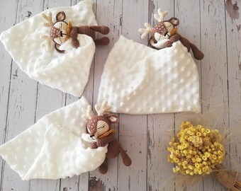 Renne au crochet Lovey, couverture de sécurité pour bébé, compagnon de sommeil Woodland