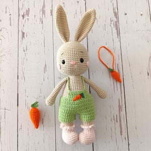 Personalized Amigurumi Bunny Toy, Baby Shower Gift, Handmade Crochet Rabbit Doll, Beige Rabbit Toy in Green Overalls, Soft Toy Easter Bunny