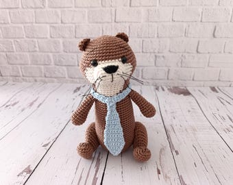 Crochet Otter Plushie with Tie ,Personalized Amigurumi Toy