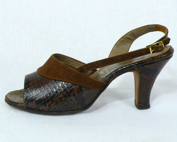 Items similar to 1940s Faux Reptile & Suede Slingbacks - D'Orsay Open ...