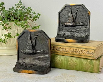 Vintage Small Heavy Cast Iron Duck Bookends, Bronzed Finish, Flying Duck Relief, Matched Pair