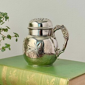 May include: A silver-toned metal sugar shaker with a rounded body featuring an etched floral pattern. The shaker has a perforated lid and a decorative handle with an embossed leaf design, reflecting light on its polished, reflective surface.