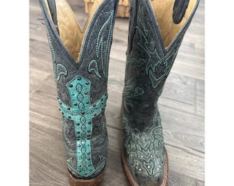 Corral Vintage Black Turquoise Embroidered Studded Cross Boots A2838 Womens 5 M