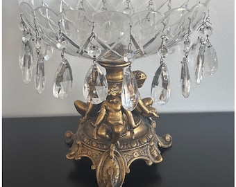 Vintage 50s Hollywood Regency Gilt Cherub Pedestal Crystal Bowl & Dangle Prisms