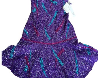 Scala 100% Silk Purple Sequin Strapless Flapper Dress Formal Size 8 NWT 90's y2k