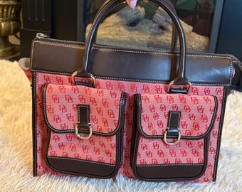 Vintage Dooney & Bourke DB Monogram Purse Bag Top Handle Pink Red Leather Trim