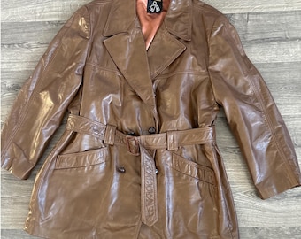Vintage 70's Puritan Mens Brown Leather Belted Trench Coat Double Breasted Disco
