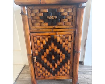 Vintage 1970 Bamboo Rattan Nightstand Woven Basketweave End Table Boho