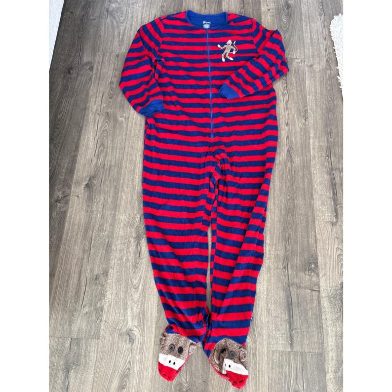Nick & Nora Womens XL Sock Monkey Footed Schlafanzug Fleece Gestreifter Babybody Rot Blau Bild 2